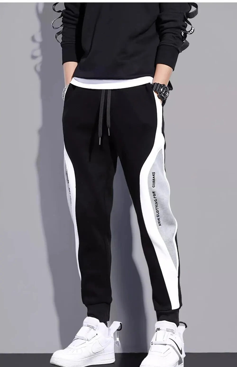 Autumn Men's Wide Loose Casual Pants Mens Patchwork Nine-point Sports  Elastic Rope Breathable Tie-foot Trousers