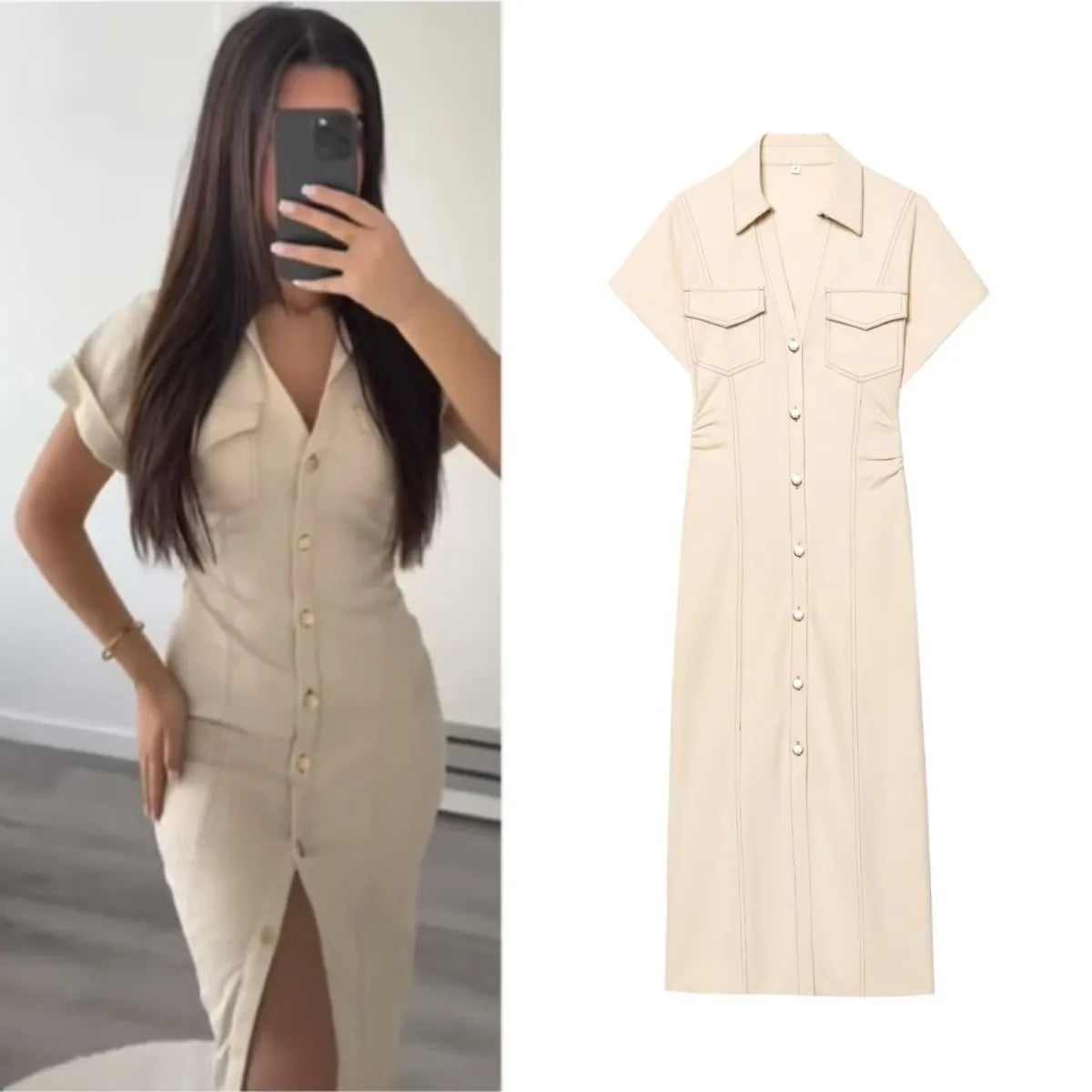 2025 traf Spring New 1975 series denim MIDI dress with lapel side zipper fashion wrinkle waist slim elegant dress